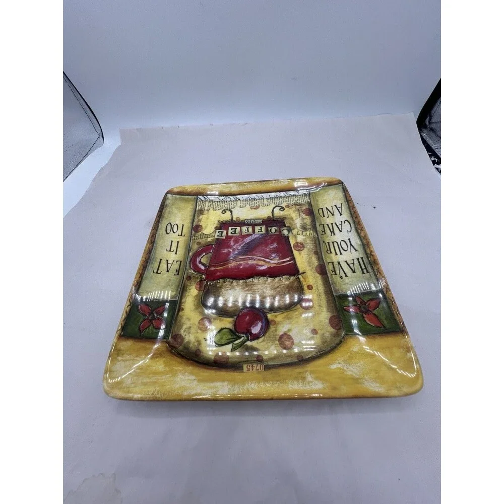 Certified International CeramicSquare Plate Coffee Cup RedBlack Beige